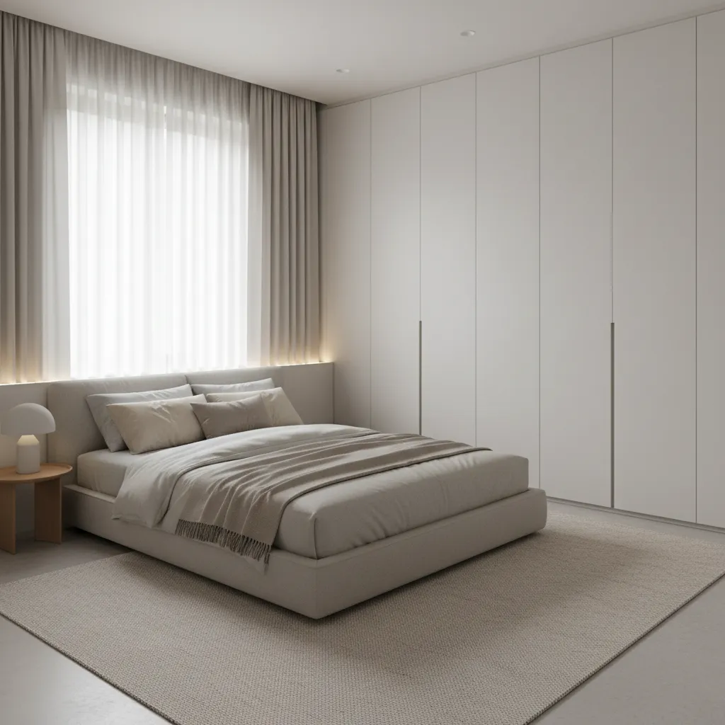 Minimalist beige bedroom with large bed white tall closet sheer curtains side table and rug