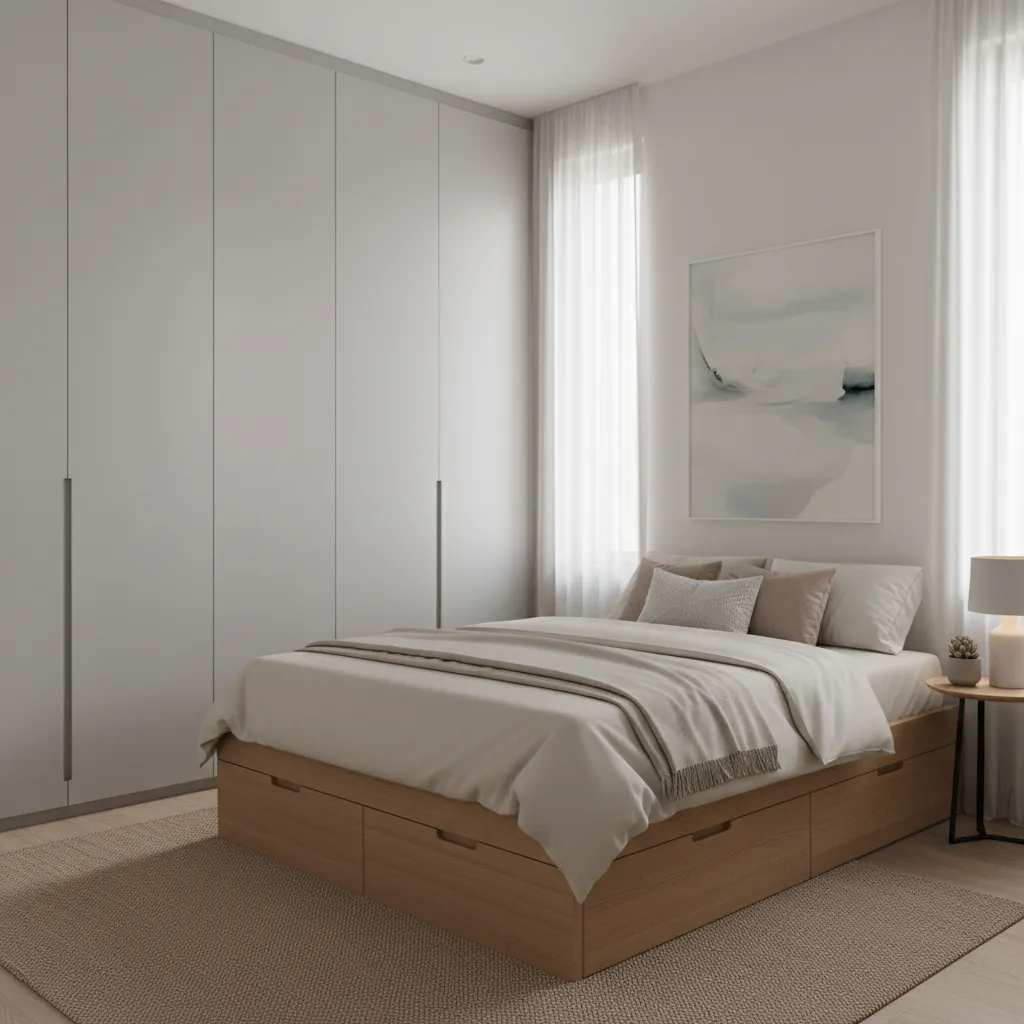 Minimalist bedroom with wooden storage bed, white wall wardrobe, beige rug, and soft natural light