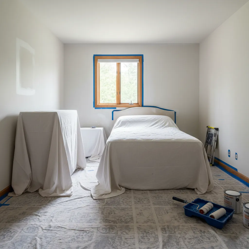 Small bedroom prepared for painting with drop cloths and taped trim