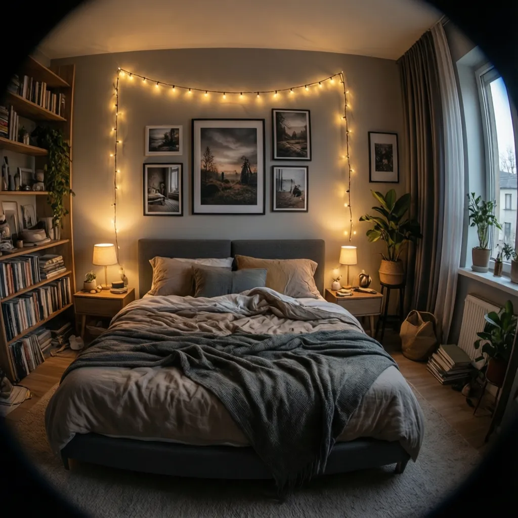 Small bedroom wall decorated with photos and soft fairy lights