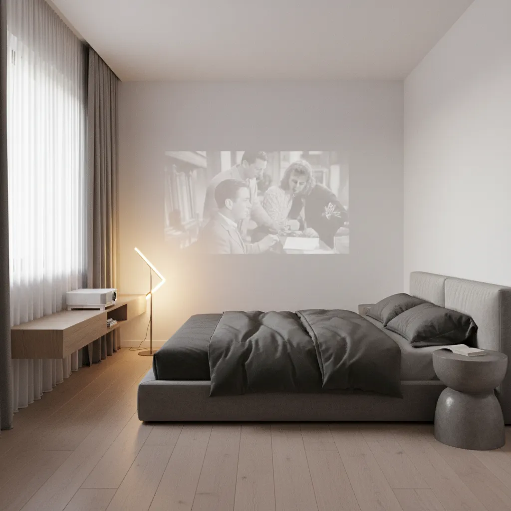 small bedroom using wall projection for a minimalist movie setup