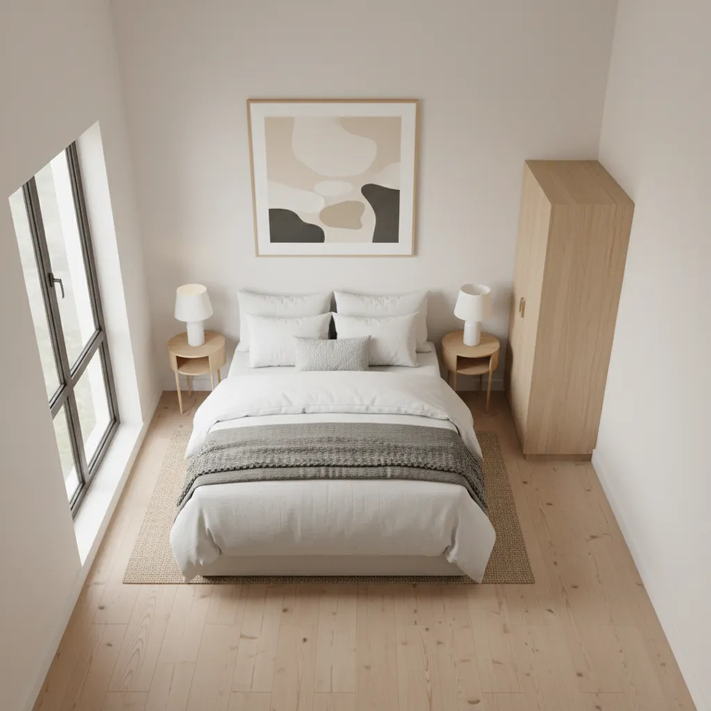 compact bedroom layout with queen bed showing circulation space