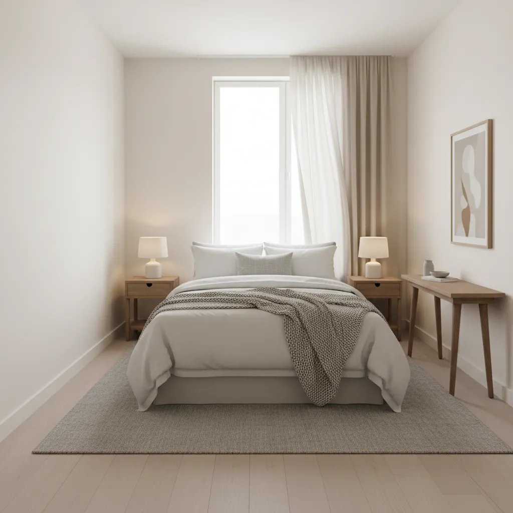 Compact bedroom layout with queen bed and minimal furniture