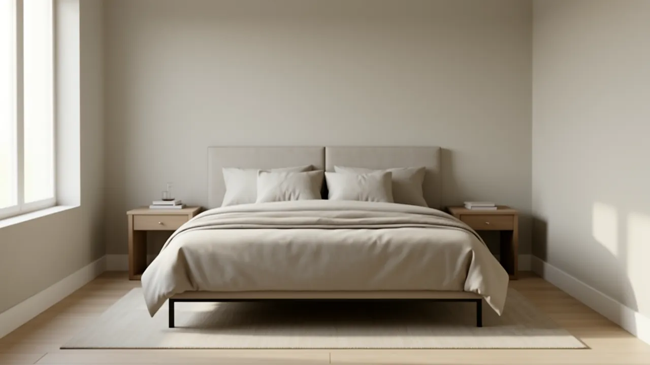 Compact bedroom with queen bed placed efficiently and minimal furniture