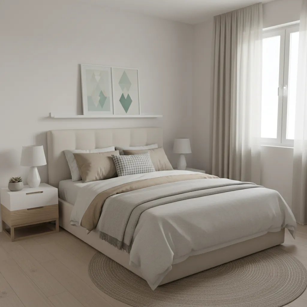 Compact bedroom layout with a queen bed positioned efficiently against the wall