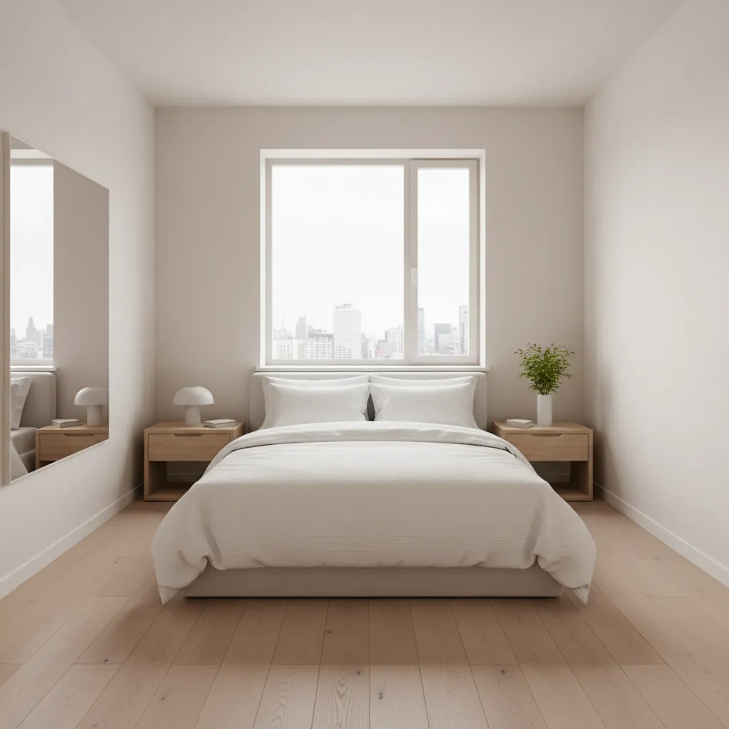 Compact bedroom showing queen bed placement with minimal nightstands