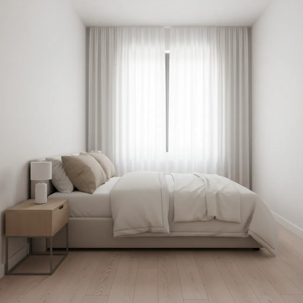 compact apartment bedroom with queen bed and minimal furniture