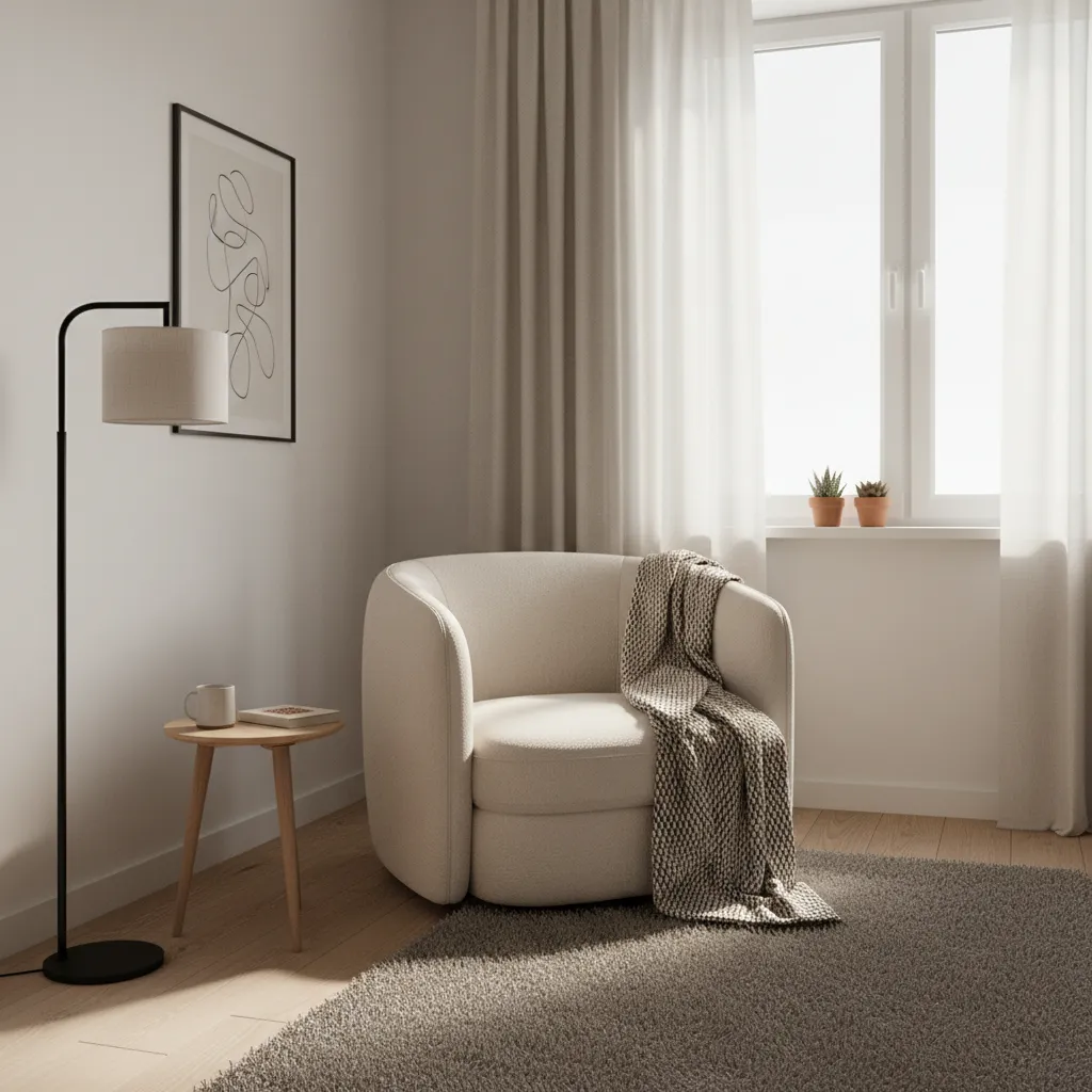 Small bedroom corner reading chair with lamp and window