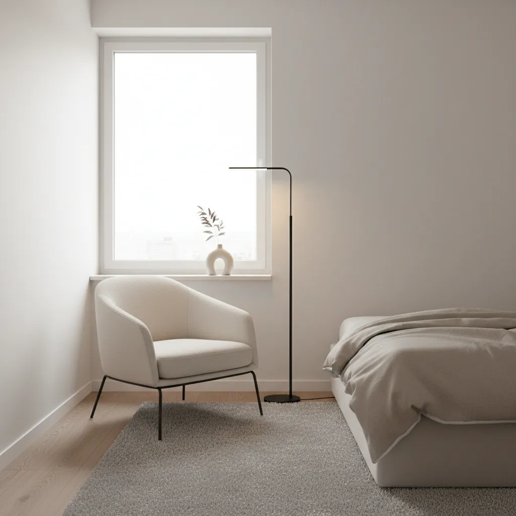 Small bedroom corner with accent chair and floor lamp