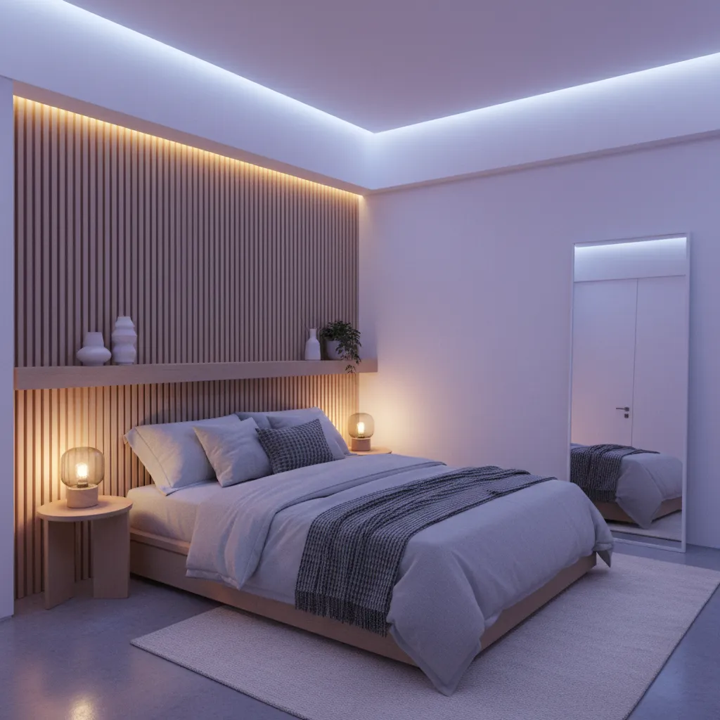 Small bedroom using ambient RGB lighting to create soft wall glow