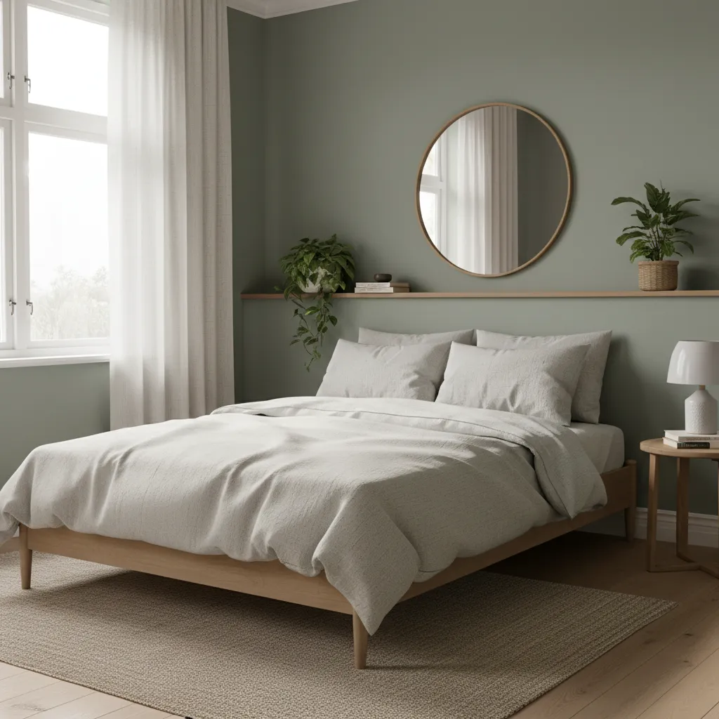 Small bedroom with muted sage green walls and natural decor