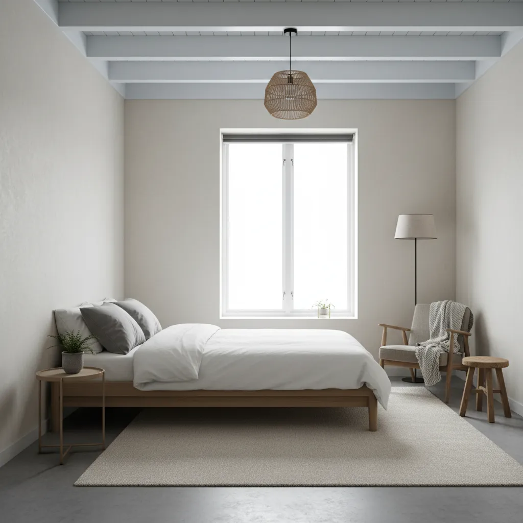 Dormitorio minimalista en la segunda planta de una casa pequeña
