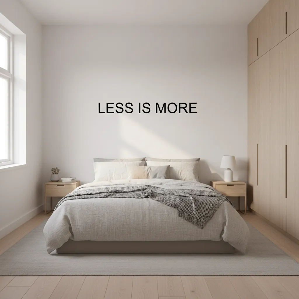 Small bedroom with short phrase wall decal above bed