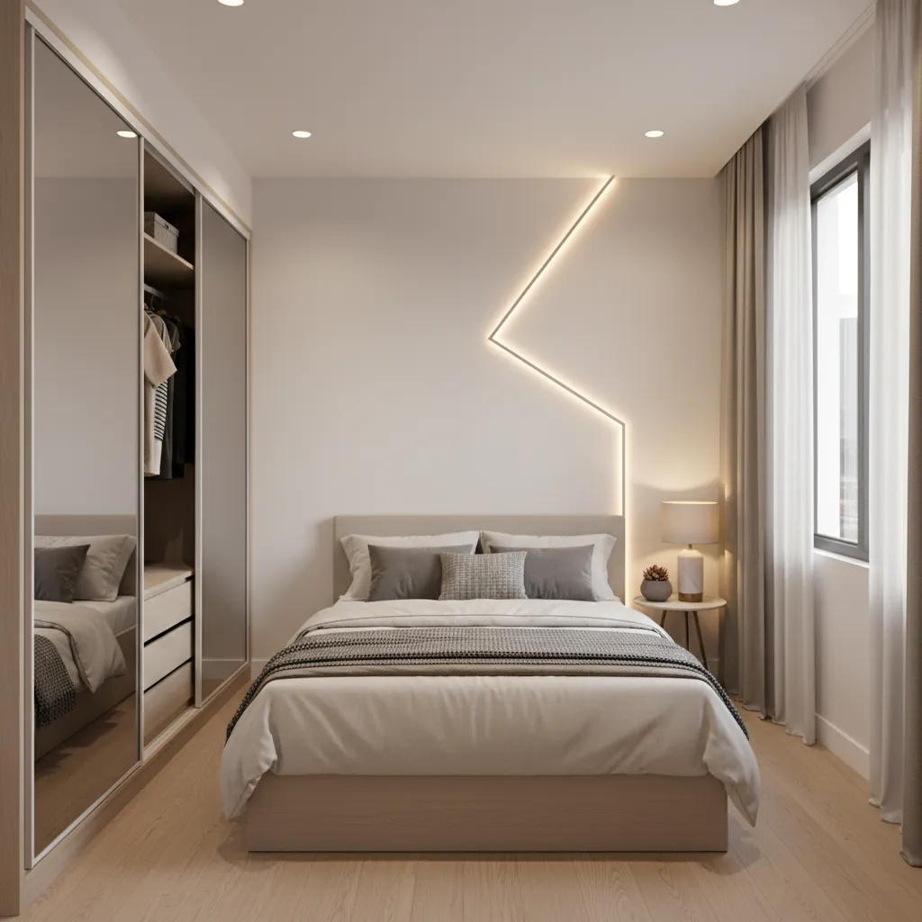 Small bedroom with sliding wardrobe and space saving furniture