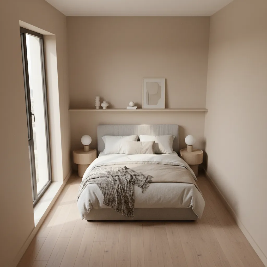 tiny bedroom layout showing efficient bed placement and walking space