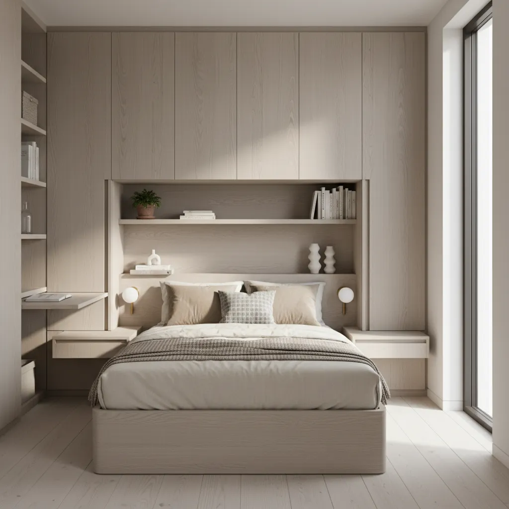 Dormitorio pequeño optimizado con almacenamiento integrado