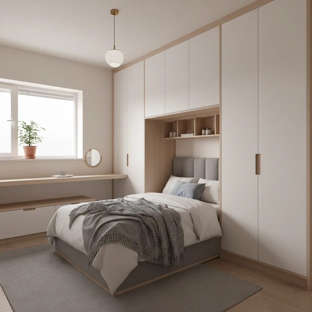 Dormitorio pequeño bien diseñado con almacenamiento integrado