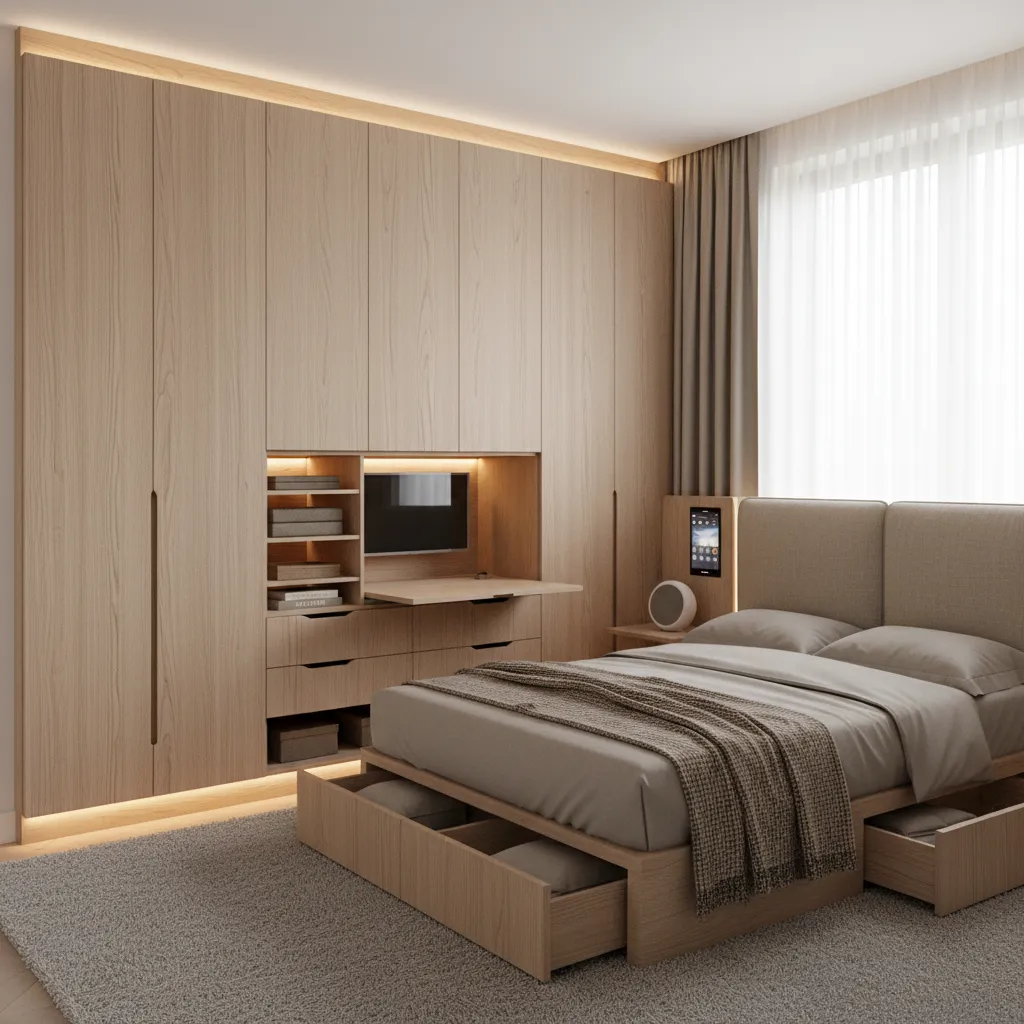 Dormitorio pequeño bien diseñado con almacenamiento