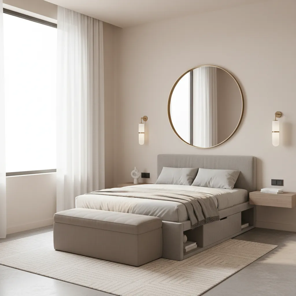 Small bedroom with wall sconces large mirror and minimal furniture