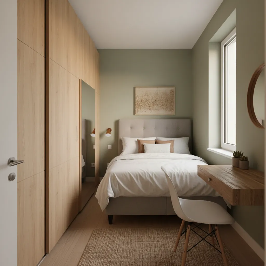 Distribución eficiente de dormitorio pequeño con cama contra la pared y espacio de paso