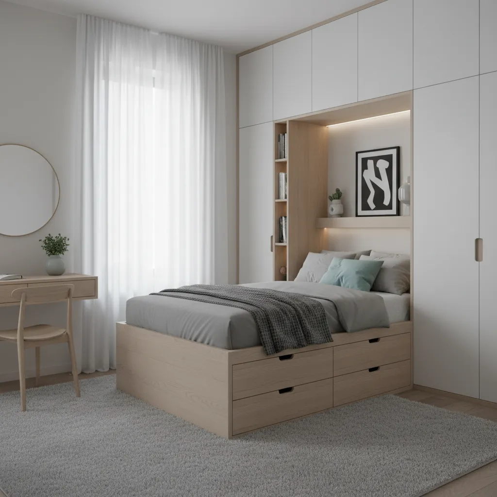 Dormitorio pequeño con almacenamiento inteligente