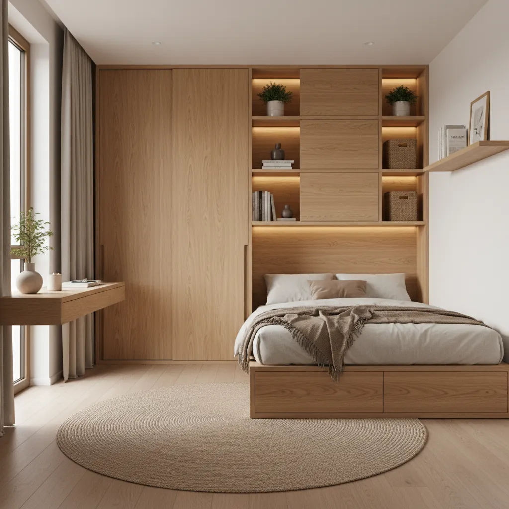 Dormitorio pequeño con almacenamiento integrado
