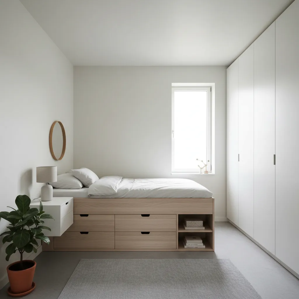Dormitorio pequeño con almacenamiento integrado bajo la cama