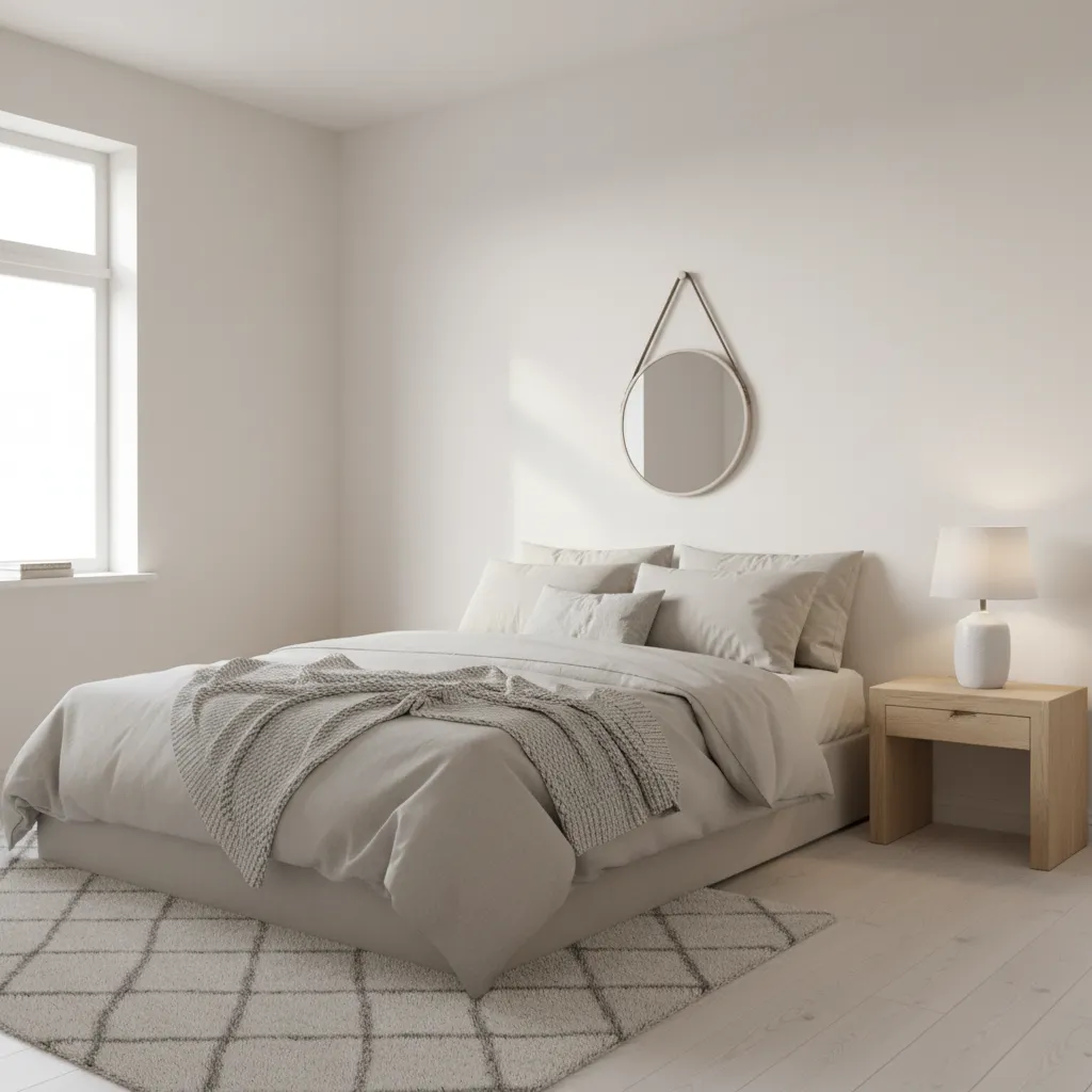 Small bedroom painted soft warm white with natural light and minimal furniture