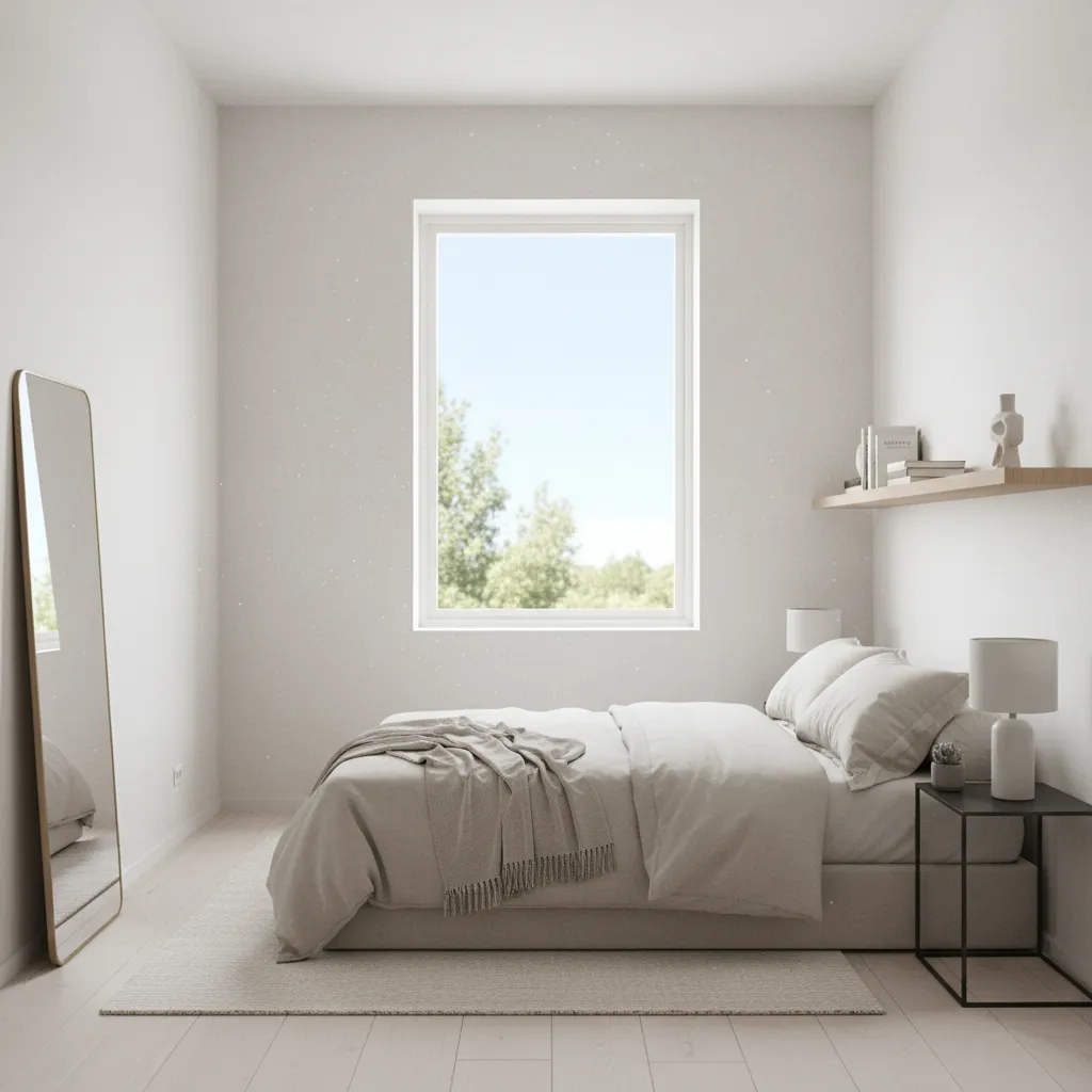 small bedroom painted soft white with natural light making the space feel larger