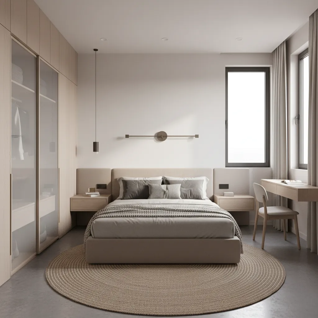 small bedroom with built in storage and sliding door design