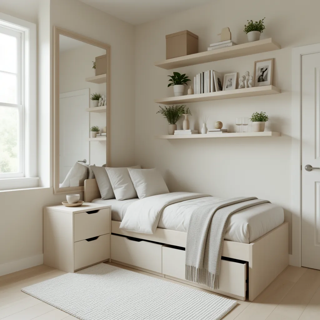 Thiết kế phòng ngủ nhỏ với kệ treo tường và gương lớn