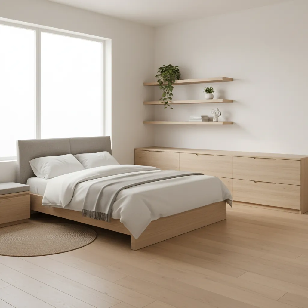 small bedroom showing dresser and storage around a full bed