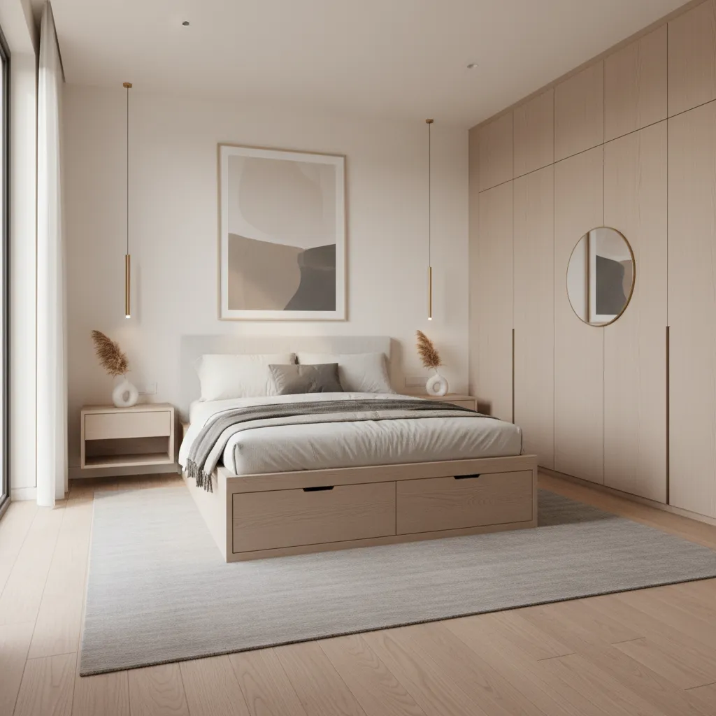 Small bedroom with storage bed and wall mounted nightstands