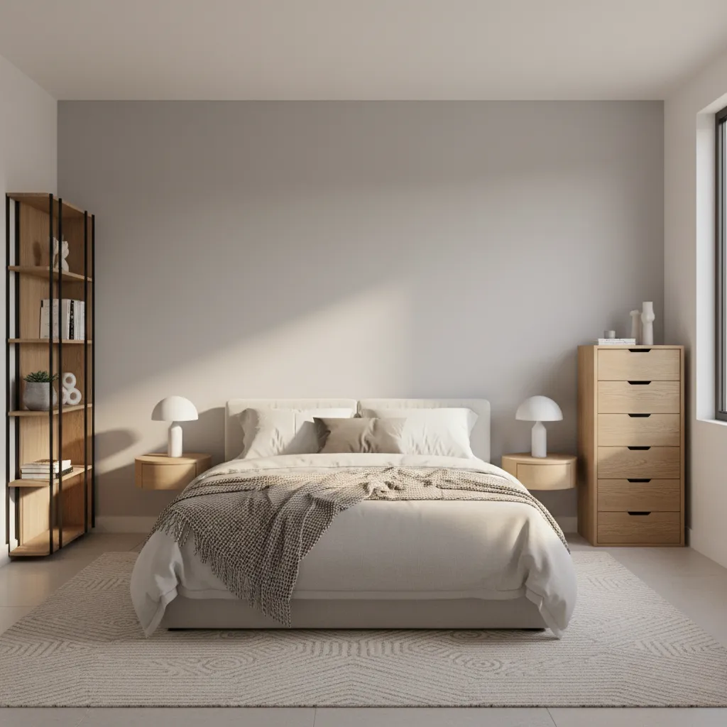 10 x 12 bedroom layout with bed, vertical shelves and minimal furniture