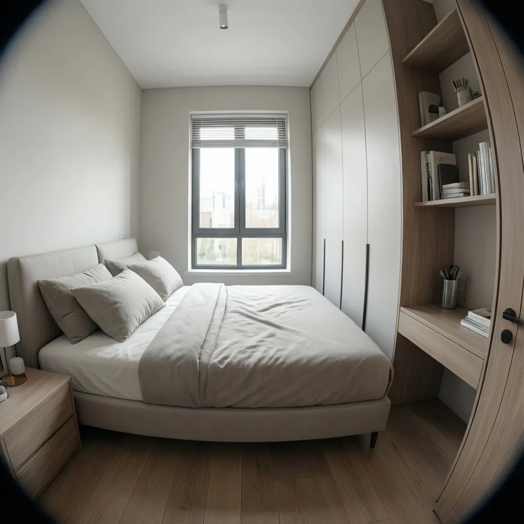 Small bedroom layout with full bed shifted to create storage wall