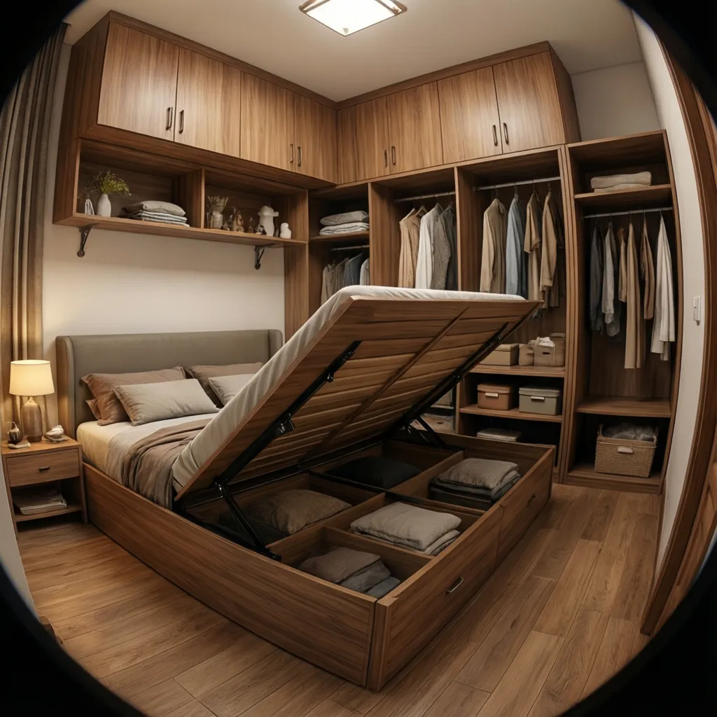 Small bedroom storage solutions including hydraulic bed and wall shelves