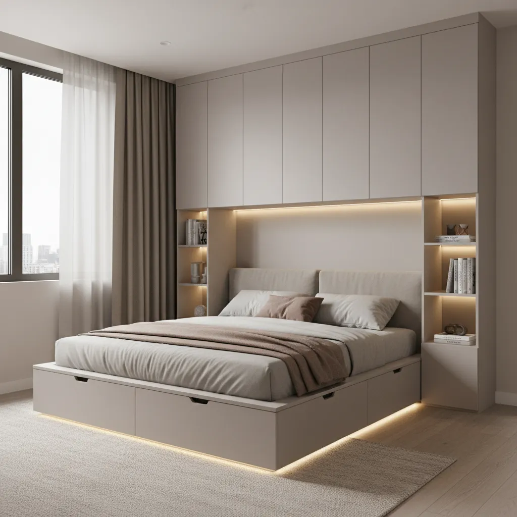 Hidden storage furniture in a small bedroom including under bed drawers