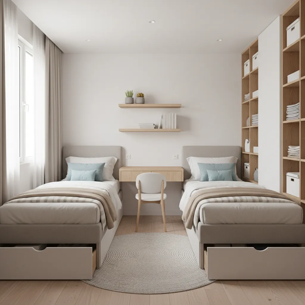 Small bedroom with under bed storage solutions for two beds