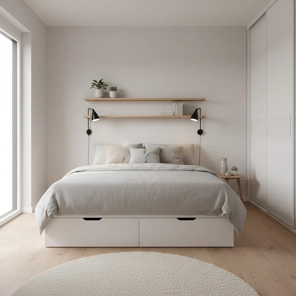 Small bedroom with full bed and smart storage furniture like floating shelves