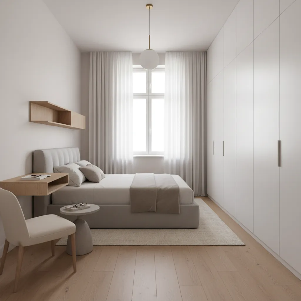 Minimalist bedroom with grey bed white wardrobe wooden floor white curtains and round ceiling light