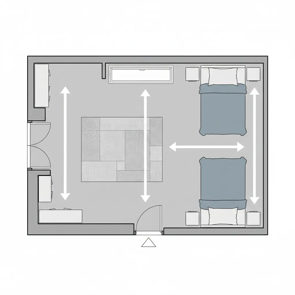 Bedroom layout diagram showing walking paths around two beds