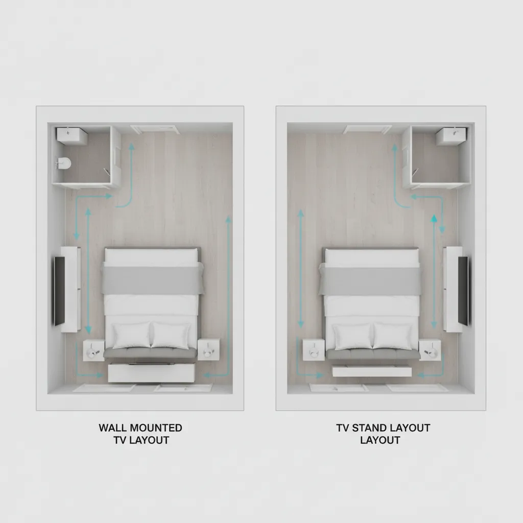 top view floor plan comparison of wall mounted TV and TV stand layout