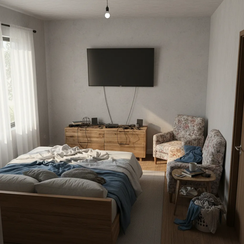 Small bedroom with awkward TV placement and limited viewing angle