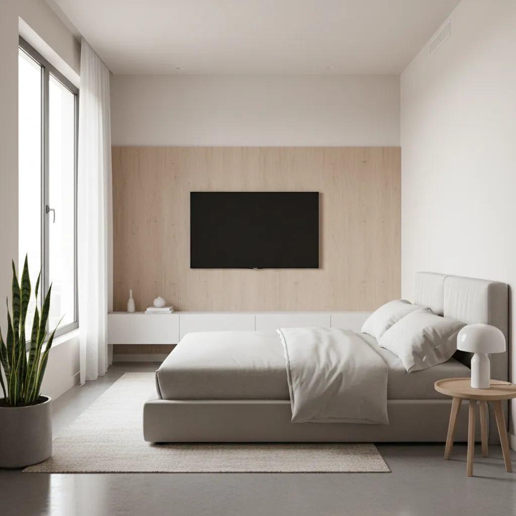 small bedroom with bed facing wall mounted TV demonstrating layout planning