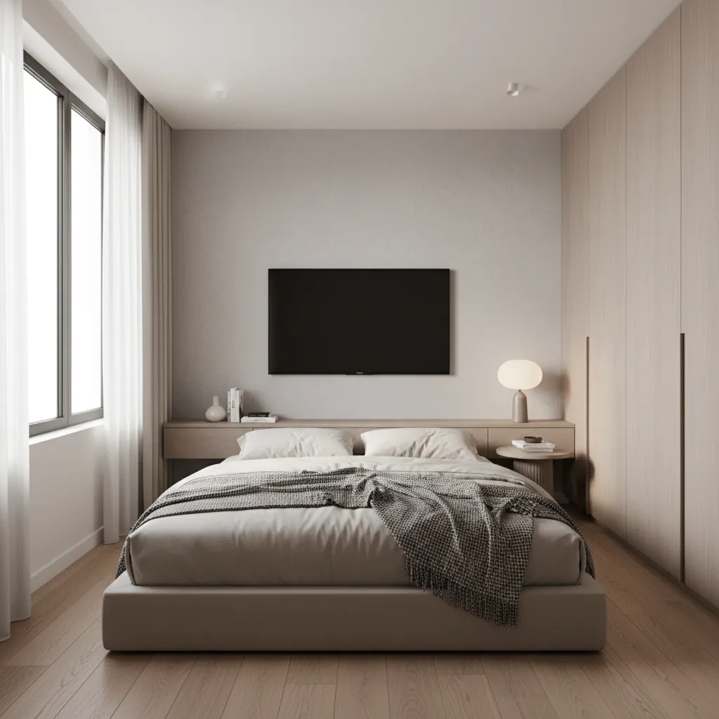 Compact bedroom with bed facing wall mounted television in a minimal layout