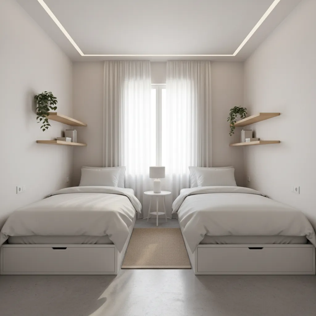 small bedroom with twin beds and minimal furniture showing clear circulation