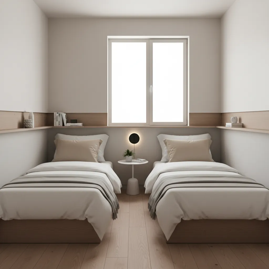 two twin beds arranged in L shape in a compact bedroom