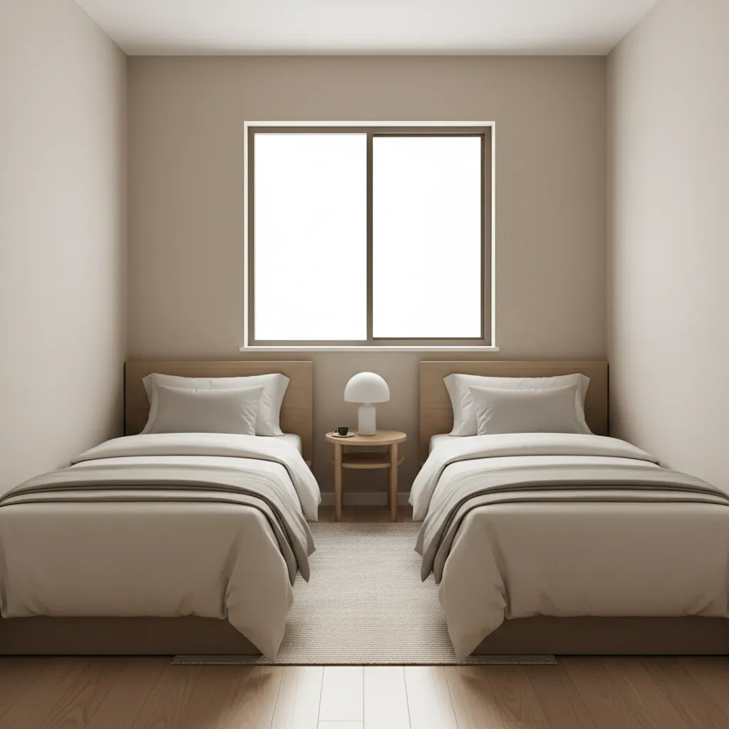 Compact bedroom with two twin beds arranged efficiently