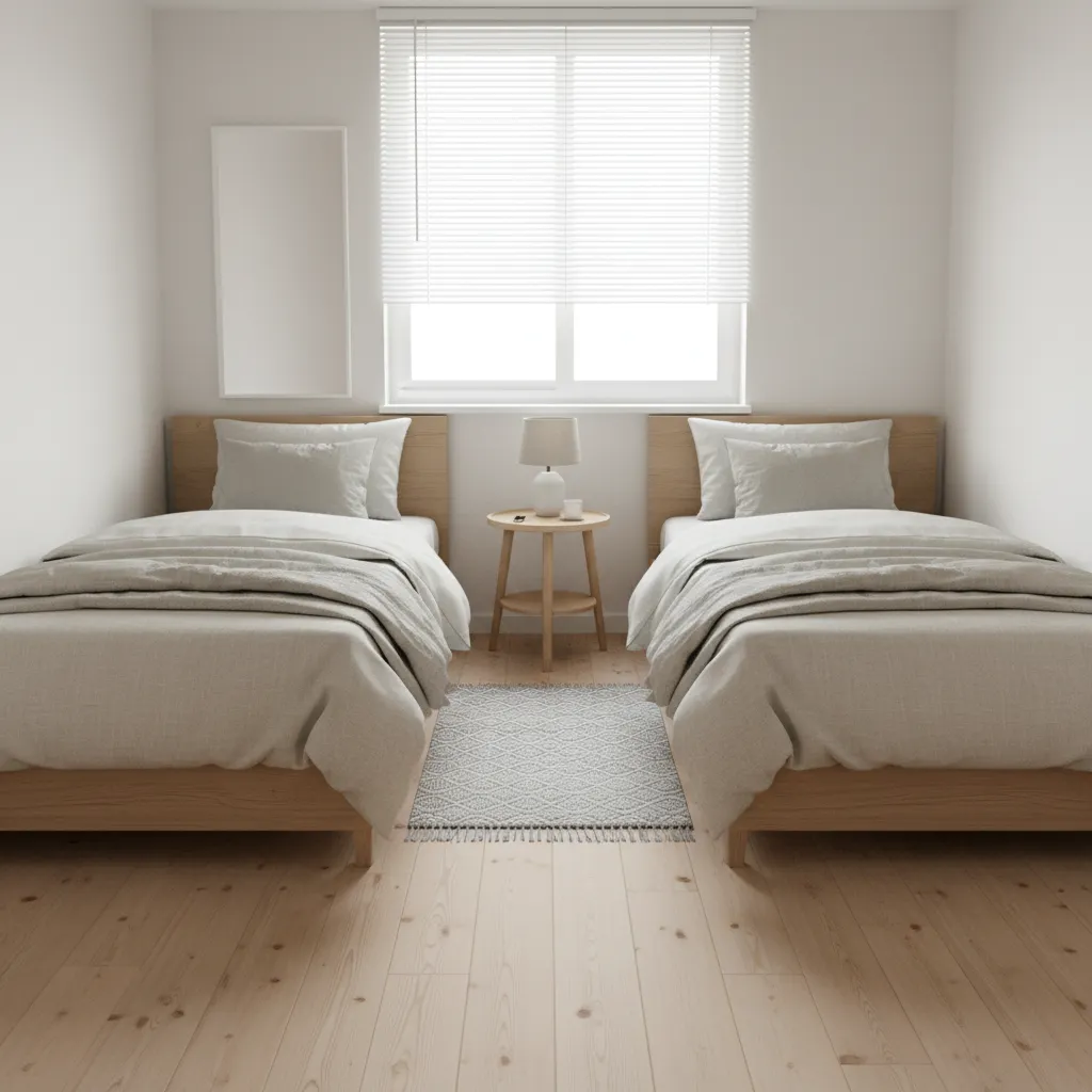 Small shared bedroom with two beds arranged efficiently along walls