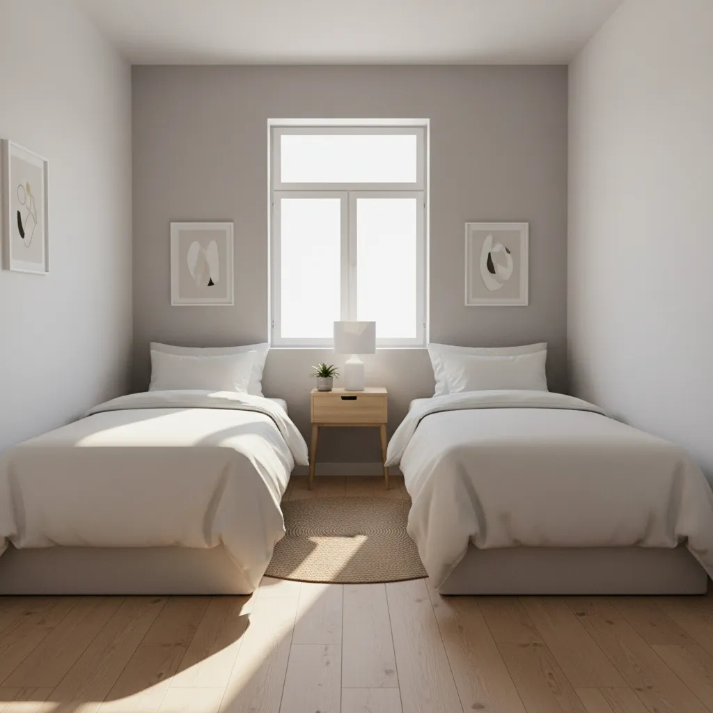 Two twin beds arranged parallel along wall in small bedroom layout
